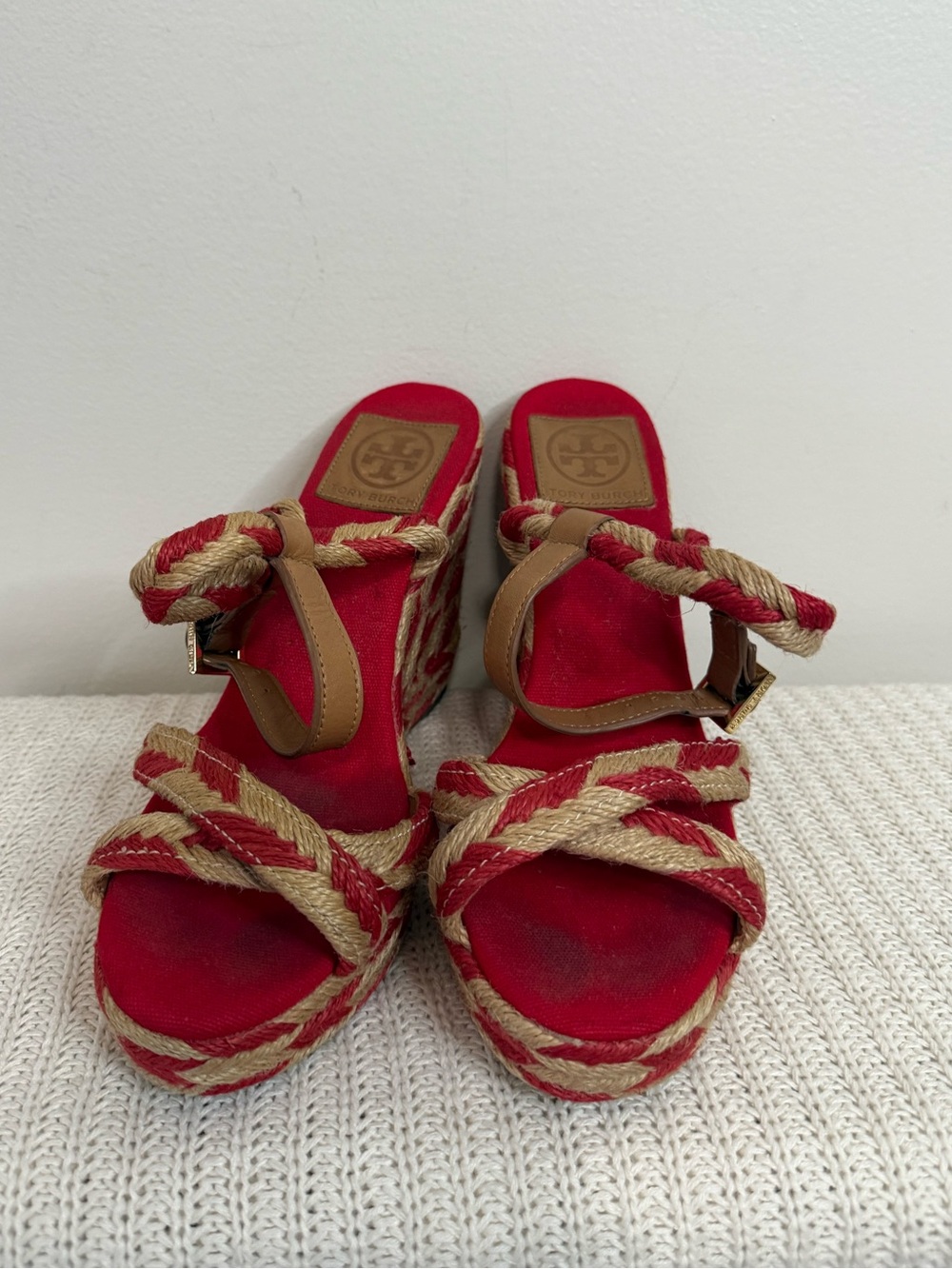 Tory Burch Camelia Red and Tan Braided Espadrille Wedge Sandals in size 9